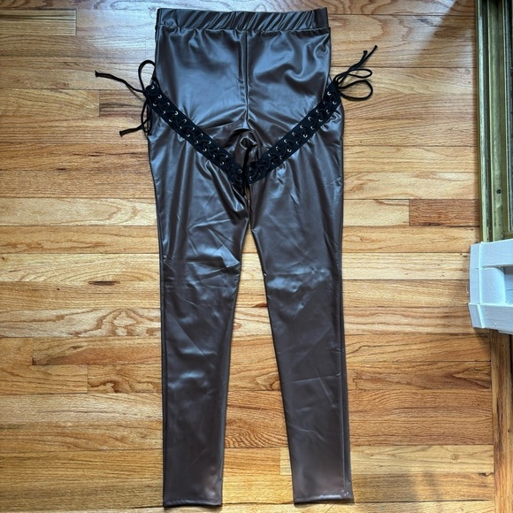 Ktoö Faux Leather Pants Sz Large Gothic Bikercore Cutout Lace-up Rave Rocker - Picture 4 of 6
